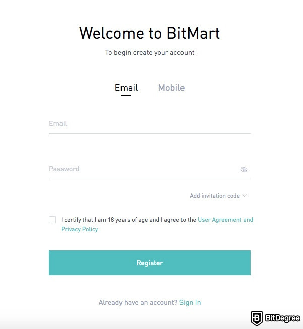 Обзор биржи BitMart: электронная почта и пароль.