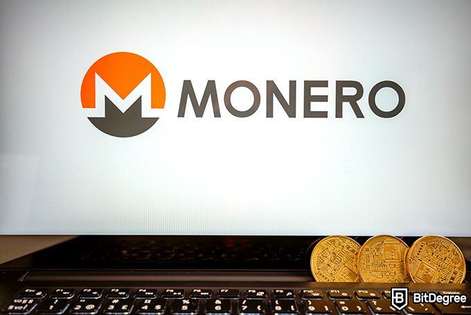استخراج Monero: سکه های Monero در جلوی صفحه رایانه انباشته می شوند.